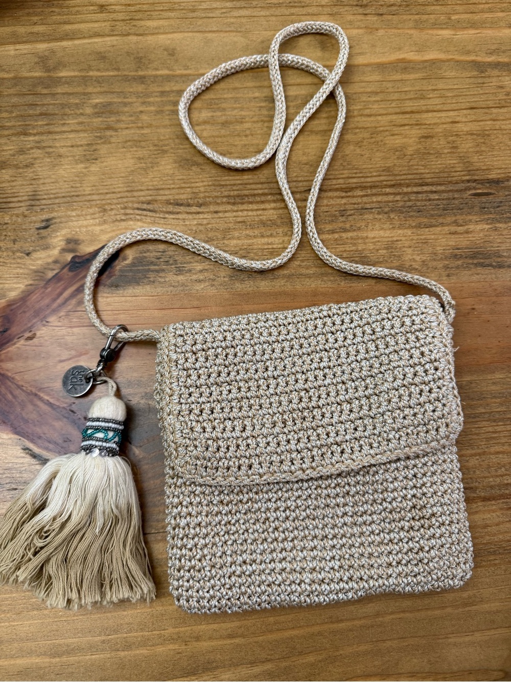 The SAK Shimmer Beige Classic Flap Crochet Small Crossbody